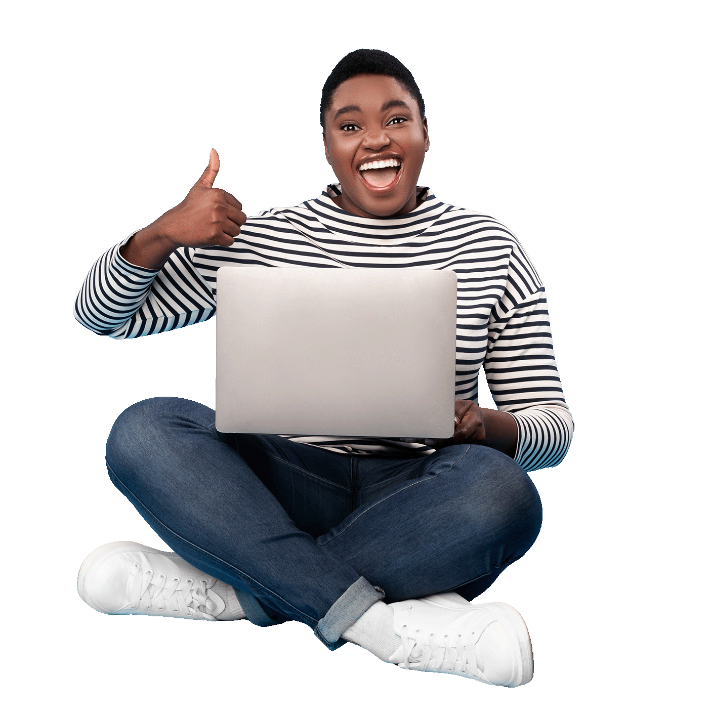 Smiling Micro Sente user working on a laptop